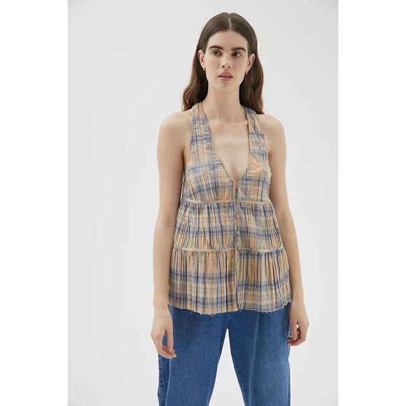 New Urban Outfitters UO Mia Check Babydoll Top Size XS - Picture 1 of 9
